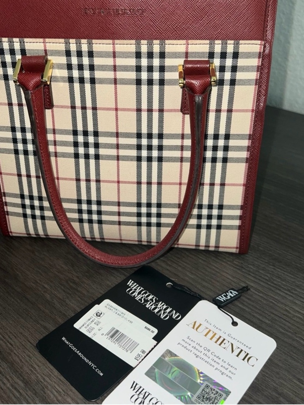Burberry Red Leather & Beige Vintage Check Tote